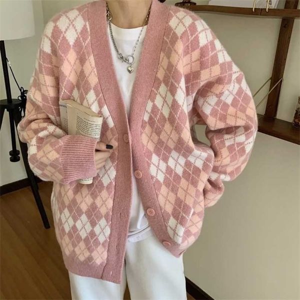 

ladies cardigans long sleeve knitted argyle sweater women korean pink vest sweaters female jumpers cardigan jacket with buttons 211022, White;black