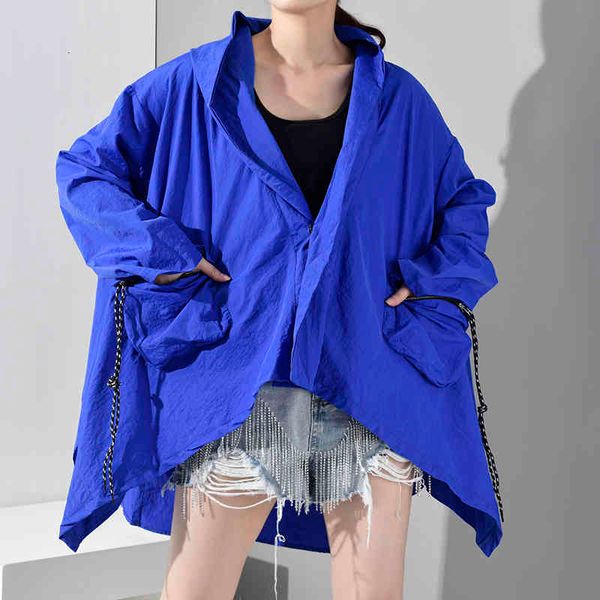 

Women's Jackets [EAM] Loose Fit Blue Brief Thin Big Size Irregular Jacket Hooded Long Sleeve Women Coat Fashion Tide Spring YG491 201014 15ZA, Black;brown
