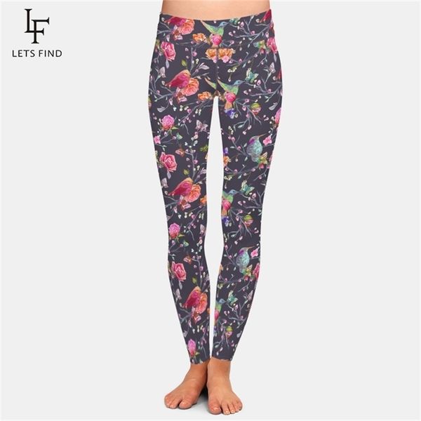 

letsfind birds butterflies and flowers digital printing women high waist leggings elastic plus size soft fitness pants 211204, Black