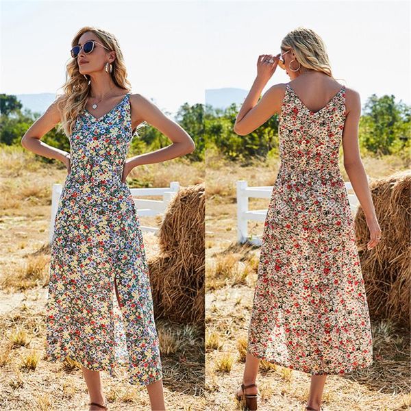 

casual dresses sling floral dress 2021 fashion print boho outfit draped vestido mid-length robe vintage holiday beach, Black;gray