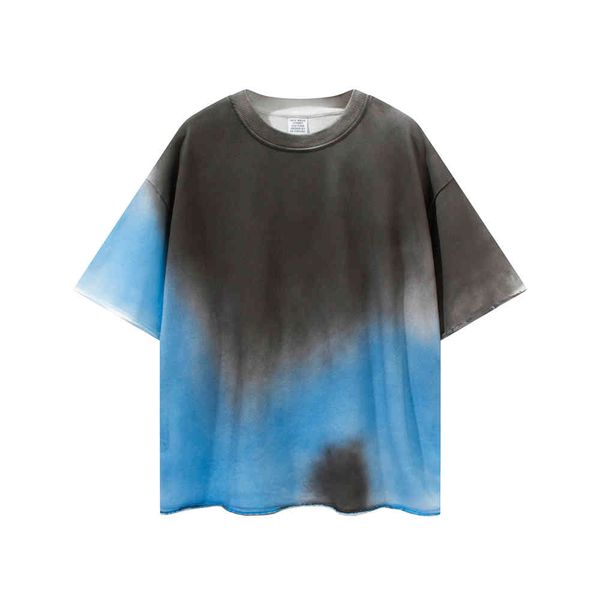 

black tie-dye contrast terry t-shirt ripped cuffs summer streetwear, White;black