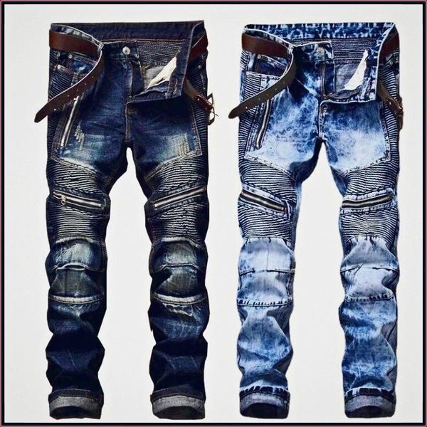 

men's jeans pleated biker pants slim fit brand designer motocycle denim trousers for male straight washed multi zipper, Blue