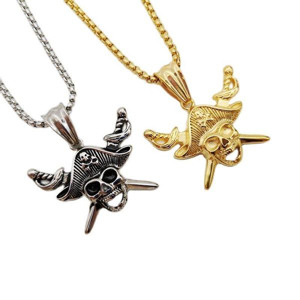 

pendant necklaces mens fashion cool caribbean pirate captain skull necklace stainless steel double sword cross male jewelry gift, Silver