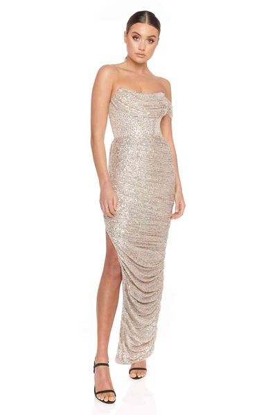 

dresses 2021 summer women's party sequined tube one-shoulder split elegant long celebrity nightclub vestidos, Black;gray