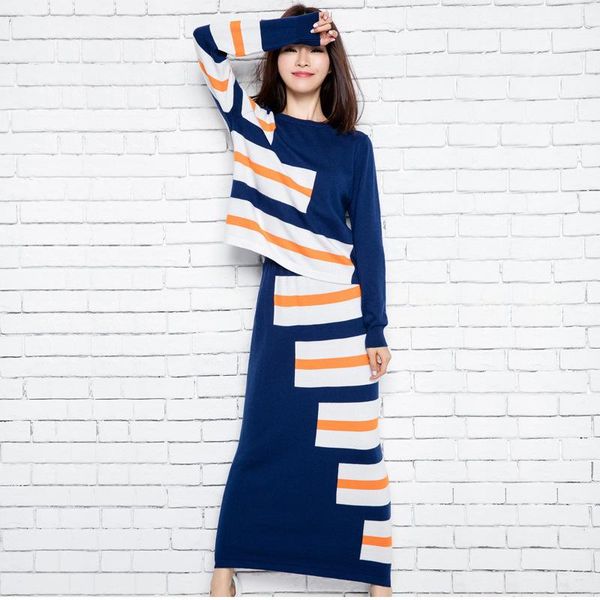 

women's two piece pants stripe pattern skirt set women clothing sets with autumn winter fashion wool knitted suit costume outfit, White
