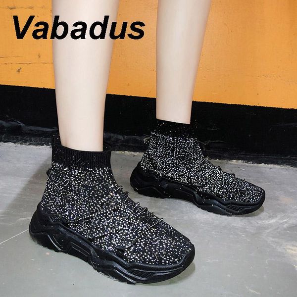

boots vabadus 2021 bling women ankle knit sneakers fashion rhinestone creepers slip on flats casual autumn shoes woman yx031, Black