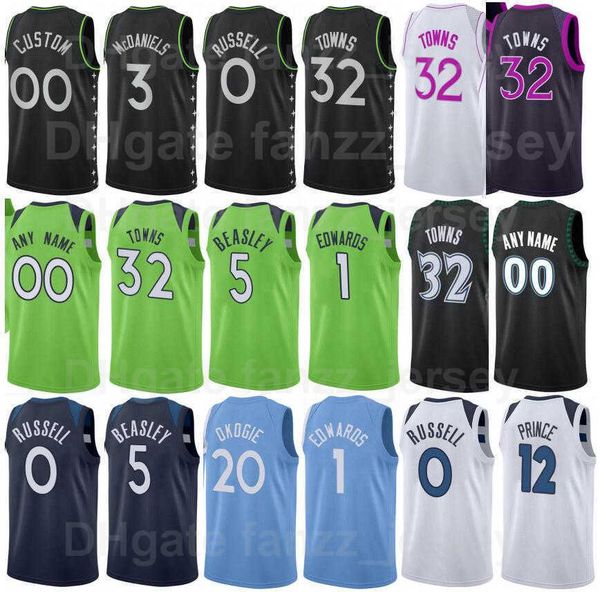 

screen print basketball karl anthony towns jersey 32 jaden mcdaniels 3 malik beasley 5 dangelo russell 0 taurean prince 12 josh okogie 20, Black