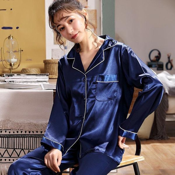 

womens sleepwears turn down collar autumn summer pajama set fashion pyjamas women faux silk pajamas suit trousers night clothes, Black;red