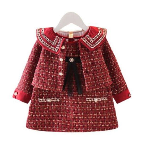 

sweet fashion kids girls clothes set spring autumn children princess long sleeve plaided coat outwear+tank dress 2pcs suit outfits, White