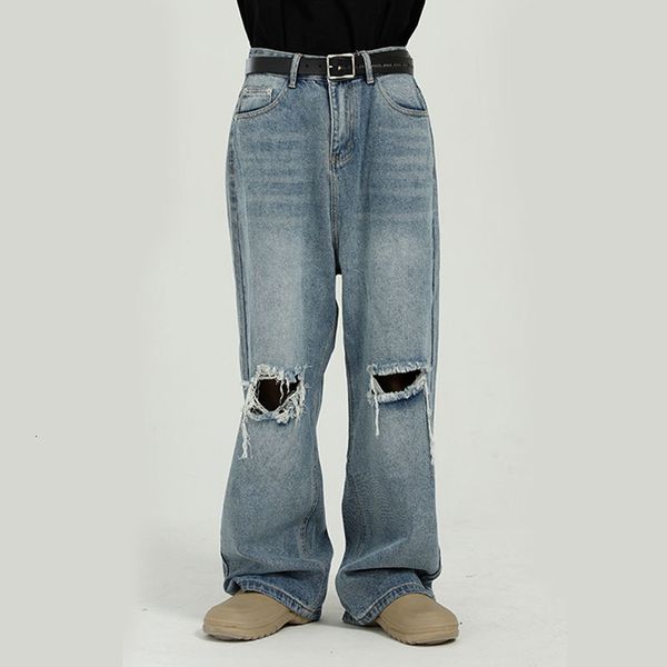 

men's jeans distressed hole casual wide leg straight denim pants male streetwear vintage fashion trousers for men keh4, Blue