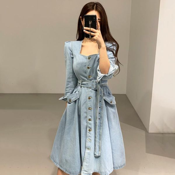 

casual dresses elegant women dress chic single breasted long sleeve denim vestidos lace up slim waist female square collar, Black;gray