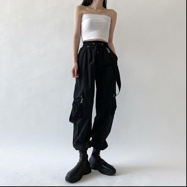

goth cargo punk women capri plus size harajuku high waist oversize detachable strap casual trousers emo, Black;white