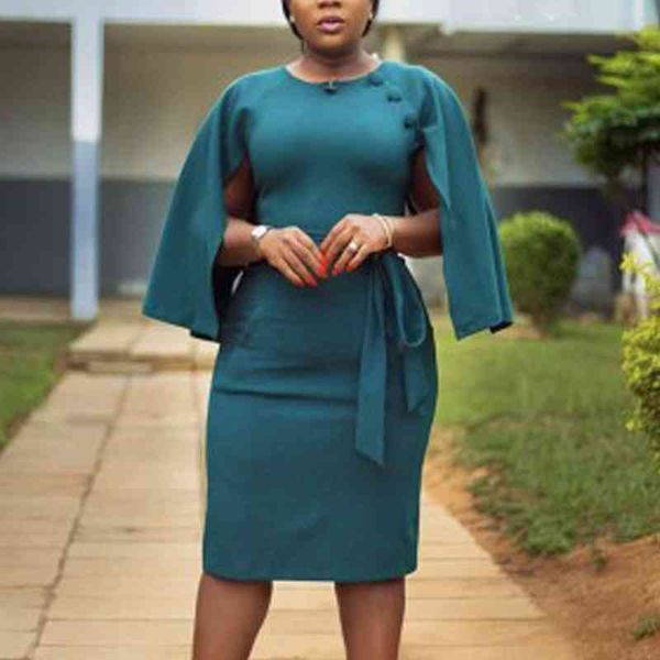 

women elegant dress cloak sleeve buttons sashes slim classy office ladies fit bodycon dresses midi party dinner occasion 210416, Black;gray