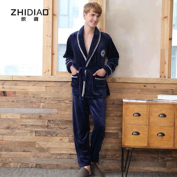 

men's sleepwear winter autumn patchwork flannel men robe sets bath sleep home clothes pijamas set warm comfortable badjas hombre man pa, Black;brown
