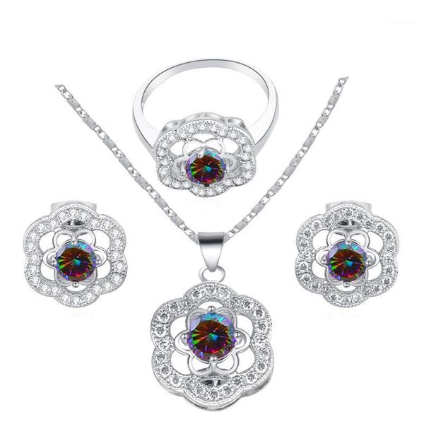 

earrings & necklace rolilason flower shape silver plated crystal zircon pendant ring set jewelry size fashion party trendy js557