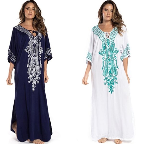 Bohemian Vintage Imprimir Loose Lace-up V-Neck de Algodão Tailândia Vestidos Verão Feminino Feminino Elegante Split Mulheres Cover-Ups para Festa 210604