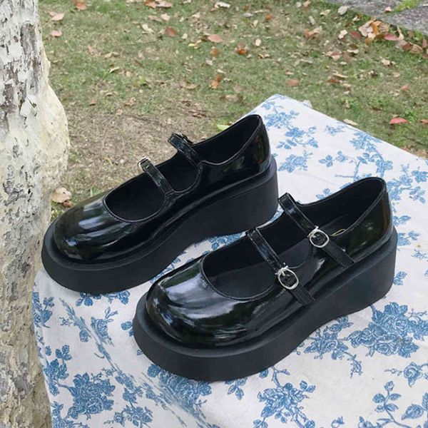 

sandals female fashion round toe buckle strap platform wees flats women japanese style trendy stylish shoes woman, Black
