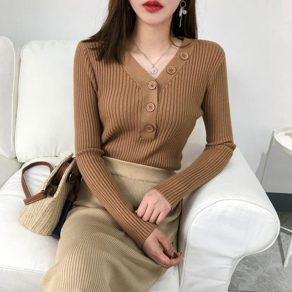 

women's sweaters women sweater winter long sleeved v neck buttons brown korean knitted pullover girl fashion bottoming shirt, White;black
