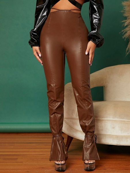

sxy tie back split hem patent pants c6cs#, Black;white