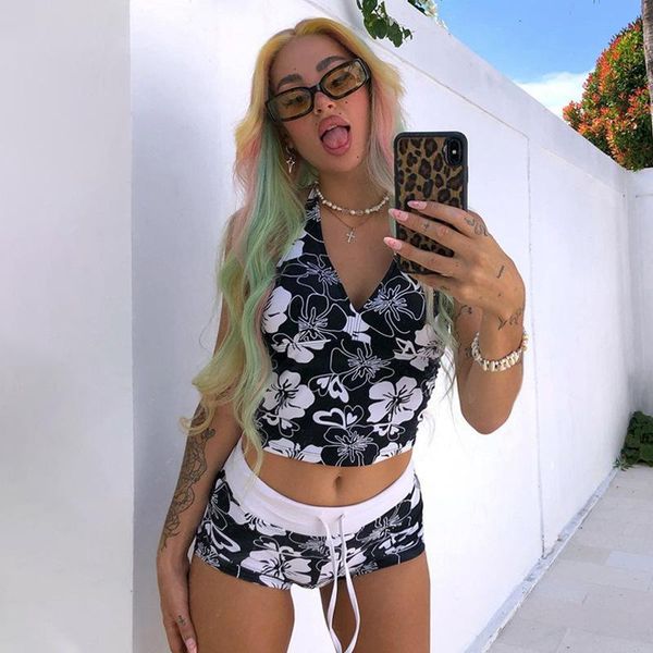 

women's tracksuits summer black swimsuit beach wear sleeveless halter shorts suits print 2 piece sets women outfits ladies clubwea, Gray