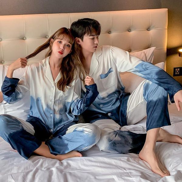 

Men's Sleepwear FZSLCYIYI Couple Gradient Printed Pajamas Set Spring Lovers Men Women Long Sleeve Pants Satin Homewear Nightwear 9OZZ, Black;brown
