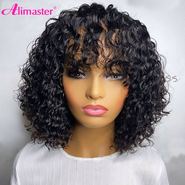 

water wave human hair wigs with bangs wavy pixie cut short bob curly human hair wig brazilian full machine made wigs for women, Black