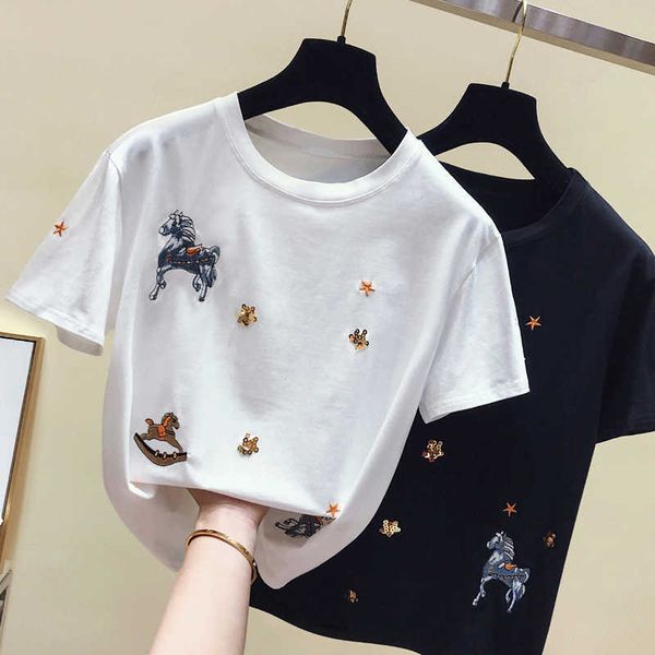 

hf-2f-211-9852 cotton embroidery t-shirt women 210706, White