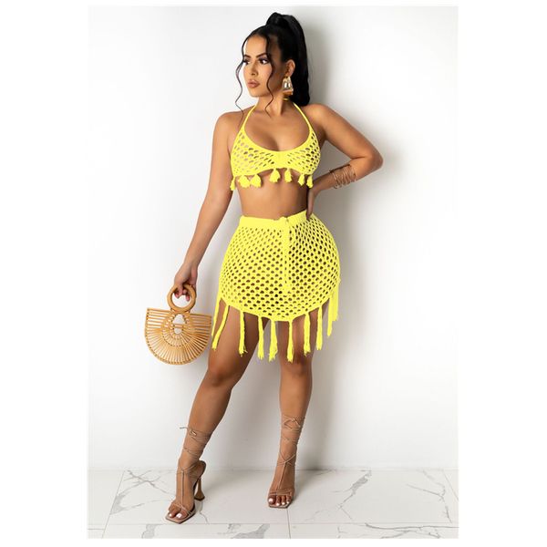 

women solid color swimwear fashion trend knitted mesh sling bras briefs skirts swimsuits designer summer female casual beach bikini 2pcs set, White;black