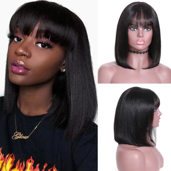

human hair wigs 14inches short straight bobbed head, air bangs, full headgear, Black