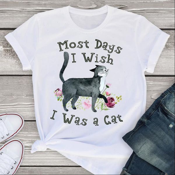 

women graphic short sleeve cartoon womens t shirts cat cute print funny fashion summer shirt tees clothing female, White