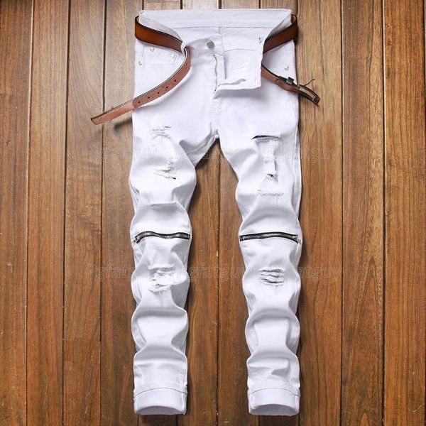 

men's jeans 2021 fashion ripped stretch white knee zipper slim trendy pants casual biker outwears pantalons pour hommes, Blue