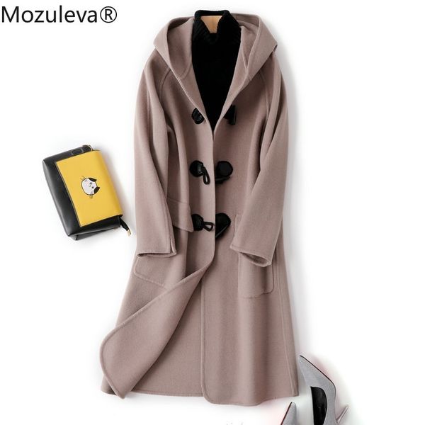 

gray coffee double-sided cashmere coat women's winter loose mid-length woolen hooded horn buckle 210427, Black