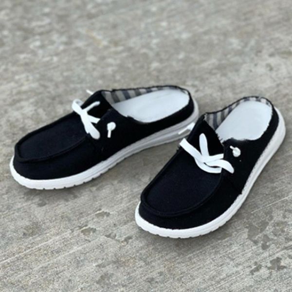 

slippers summer women leopard flat lace-up canvas ladies fashion solid color sandals outdoor casual comfy female footwear, Black
