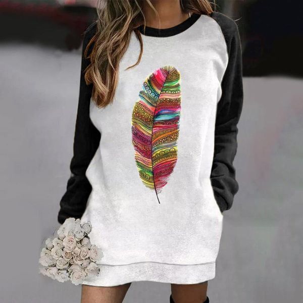 

casual dresses dress for women sweatshirt autumn winter long sleeve loose feather printing pocket mujer, Black;gray