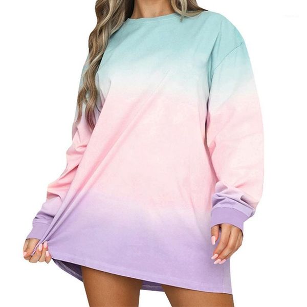 

a- long sleeve dress tie-dye natural regular printed round neck loose full above knee mini o-neck straight casual pullovers dresses, Black;gray
