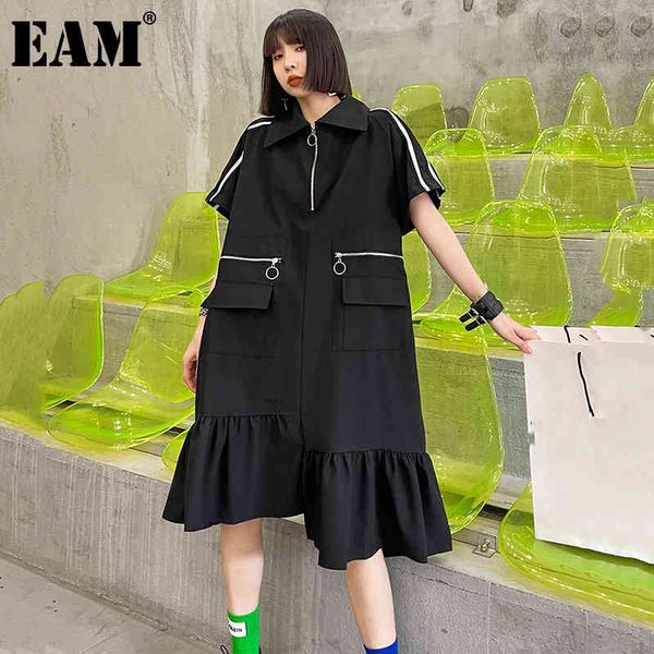 

[eam] women black big size ruffles long dress lapel short sleeve loose fit fashion spring summer 1dd65450 210512, Black;gray