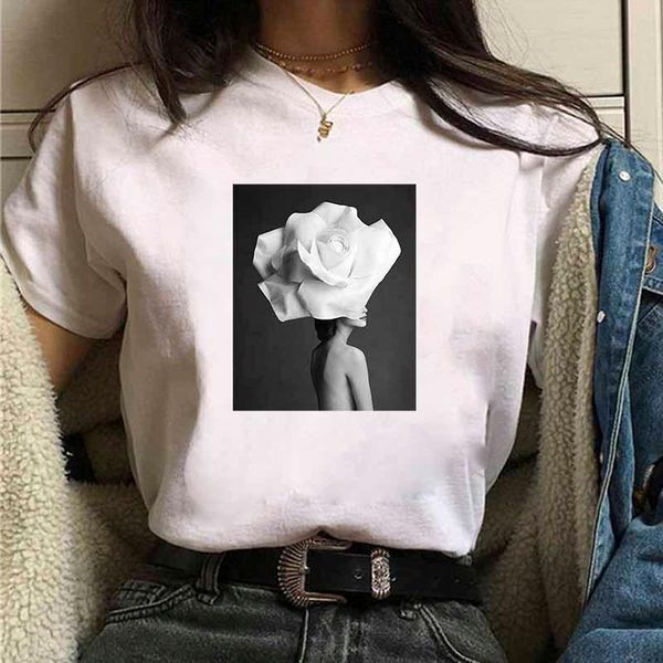

women's t-shirt casual beautiful flowers girl printed t shirt fashion korean trend white female tshirt harajuku