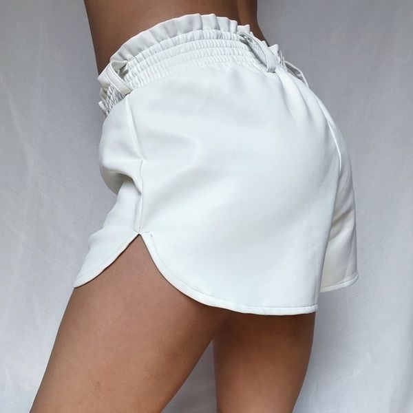

elastic high waist white leather shorts women loose faux leather runner shorts autumn streetwear wide leg shorts for women 210408, White;black