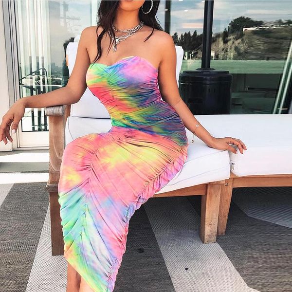 

casual dresses off shoulder strapless women tie dye print sleeveless ruched long bodycon dress backless summer party, Black;gray