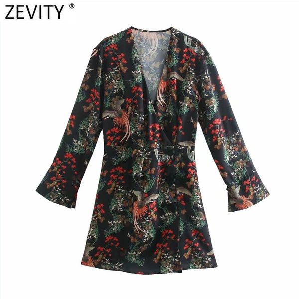 

zevity women vintage v neck totem flower animal print a line dress chic female long sleeve chinese plate vestido ds5024 210419, Black;gray