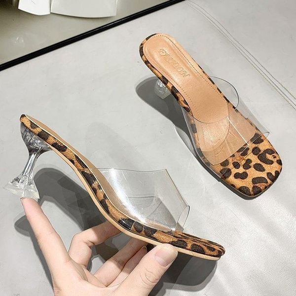 

sandals leopard print open toe thin high heels women pvc transparent perspex slippers shoes heel clear big 43 5s12, Black