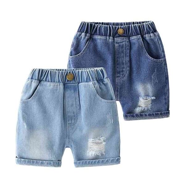 

summer boys fahsion ripped 2 colors knee length jeans children thin cool all-match broken holes denim pants 210708, Blue