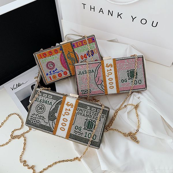 

square fashion diamond inlaid dollar personalized one shoulder chain hand hold dinner bag for women