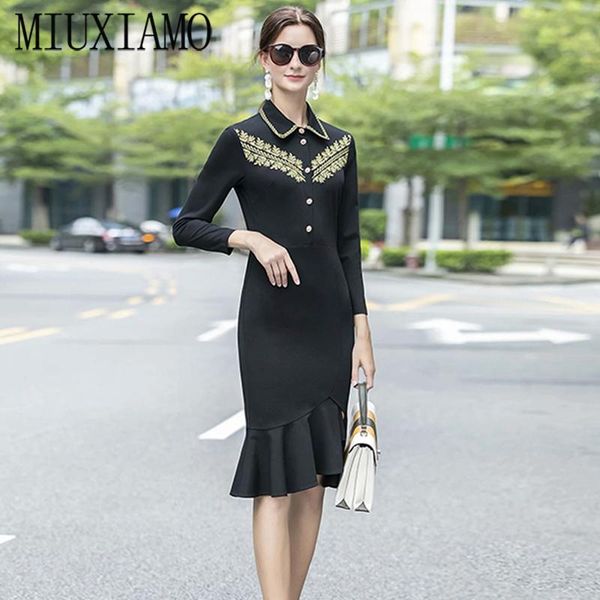 

casual dresses miuximao 2021 spring summer women's flower embroidery long sleeve elegant slim black midi fishtail dress vestidos, Black;gray