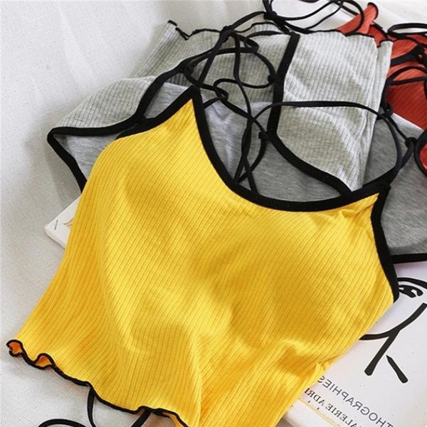 

halter backless crop women tank spaghetti solid cottons underwear bra for summer top, White