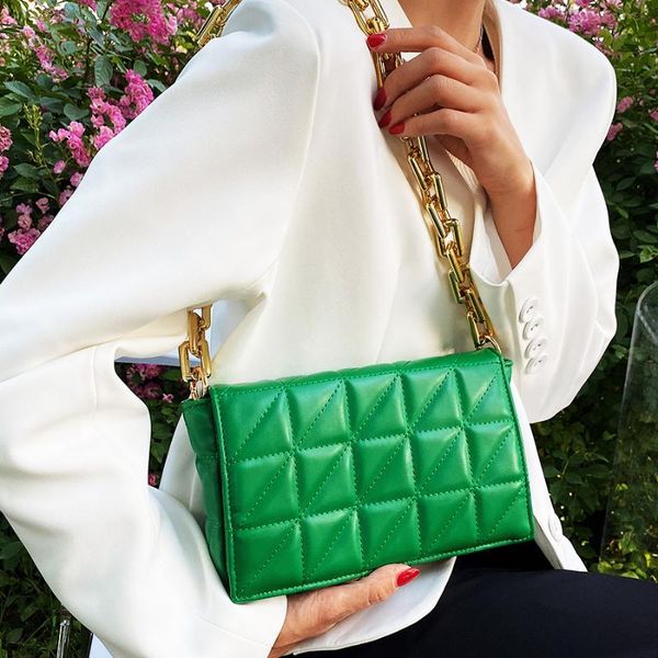 

evening bags quilting pu leather crossbody bag for women 2021 summer travel trends baguette shoulder purses and handbags thick chain green