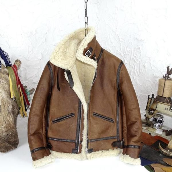 

men's leather & faux thick japanese b3 sheepskin fur one retro warm jacket, Black