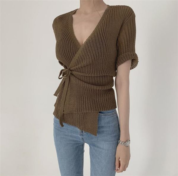 

women's t-shirt korean version of v-neck cross-tie sweater fashion blouses casual female shirts chic, White