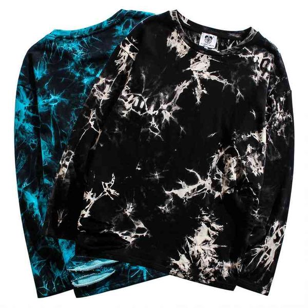 

qiuguochao street hip hop casual personality black and white tie dye loose pullover t-shirt for men
