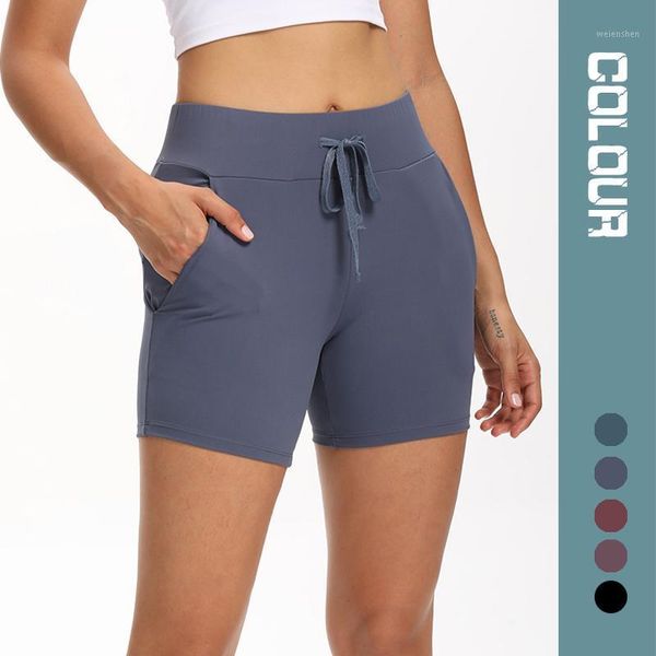 

gym shorts solid color high waist elastic straps women stretch training pocket fitness workout yoga outfit